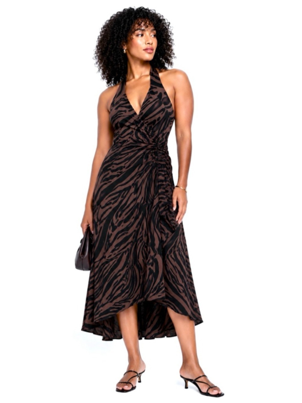Michael Kors Midi Halter Dress Brown Black Zebra Print High Low Stretch 12